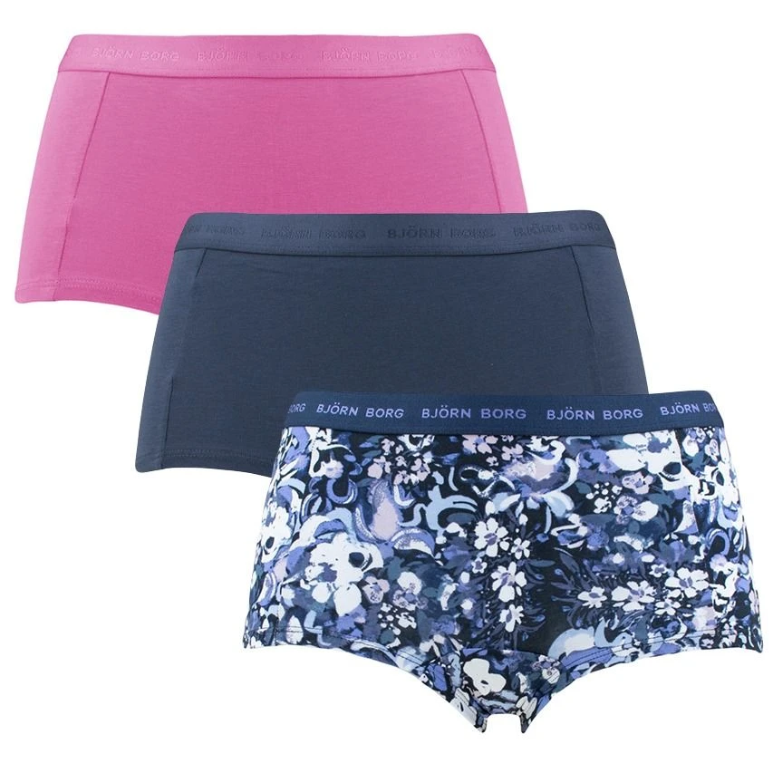 BJØRN BORG Björn Borg Dames Everyday Cotton 3-pack Mini Boxershorts Basic Flowers Blauw & Roze 1 BJØRN BORG Björn Borg Dames Everyday Cotton 3-pack Mini Boxershorts Basic Flowers Blauw & Roze