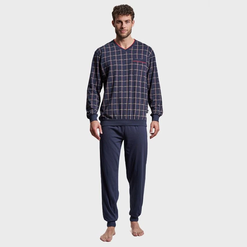 Götzburg Pyjamaset Lang Boord Pocket Check Blauw 2 Götzburg Pyjamaset Lang Boord Pocket Check Blauw - Afbeelding 2