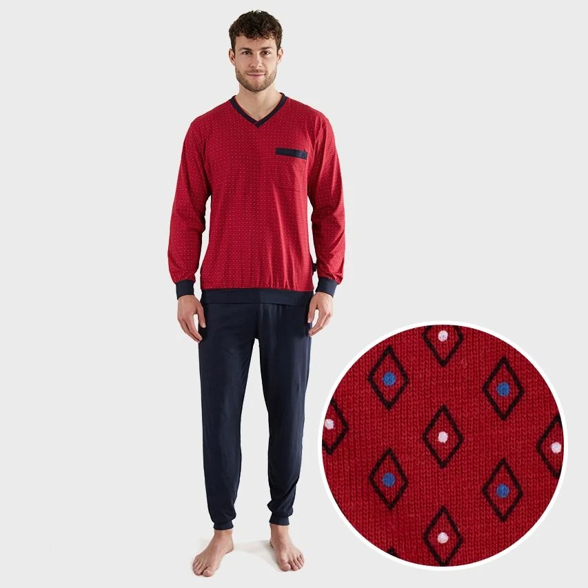 Götzburg Pyjamaset Lang Boord Pocket Diamond Rood & Blauw 2 Götzburg Pyjamaset Lang Boord Pocket Diamond Rood & Blauw - Afbeelding 2