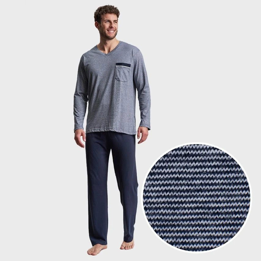 Götzburg Pyjamaset Lang Pocket Micro Stripe Blauw 2 Götzburg Pyjamaset Lang Pocket Micro Stripe Blauw - Afbeelding 2