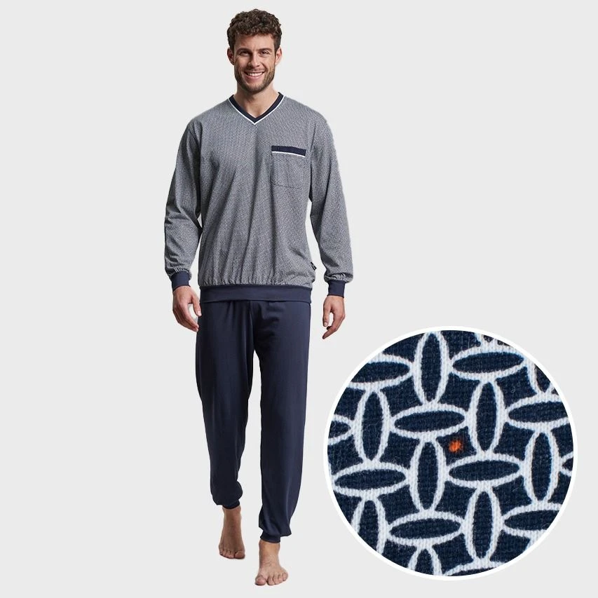Götzburg Pyjamaset Lang Boord Pocket Blauw 2 Götzburg Pyjamaset Lang Boord Pocket Blauw - Afbeelding 2