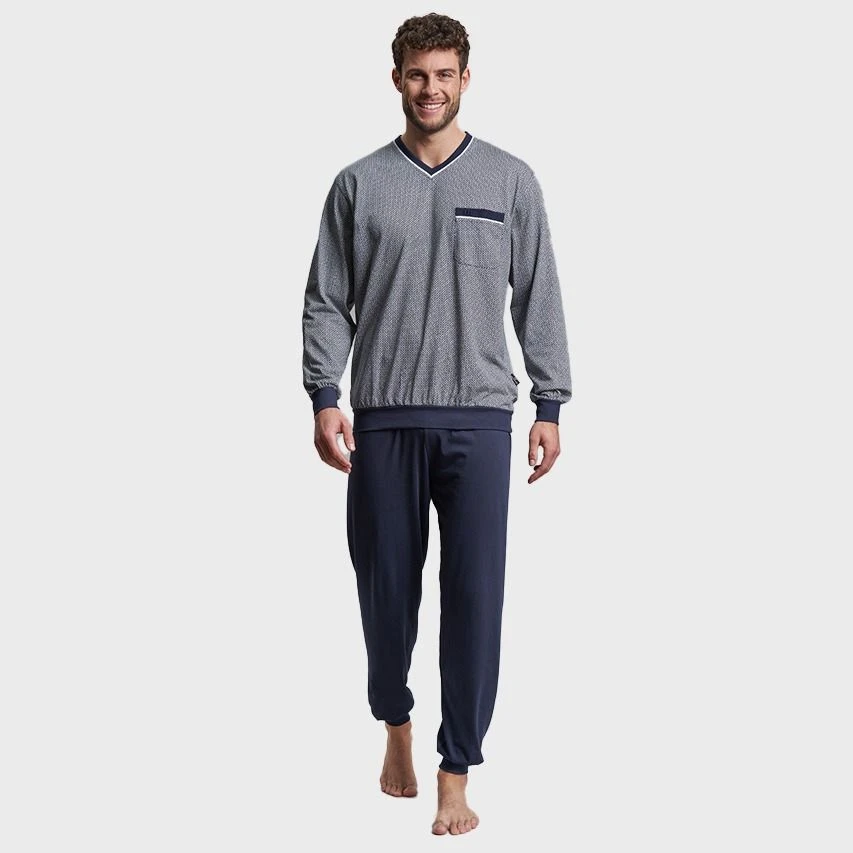 Götzburg Pyjamaset Lang Boord Pocket Blauw 3 Götzburg Pyjamaset Lang Boord Pocket Blauw - Afbeelding 3