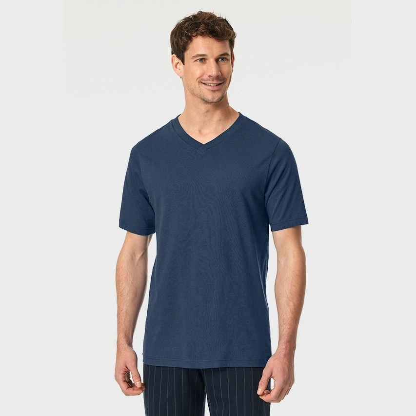 Schiesser Mix + Relax V-hals Pyjamashirt Blauw 2 Schiesser Mix + Relax V-hals Pyjamashirt Blauw - Afbeelding 2