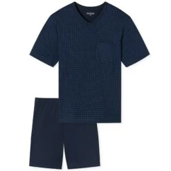 Schiesser Comfort Essentials Pyjamaset Kort Pocket Blocks Blauw