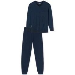 Schiesser Comfort Essentials Pyjamaset Lang Boord Pocket Blocks Blauw