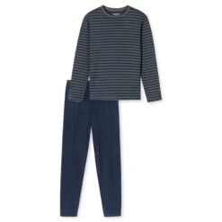 Schiesser Casual Essentials Pyjamaset Lang Stripe Blauw & Grijs