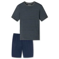 Schiesser Casual Essentials Pyjamaset Kort Stripe Blauw & Grijs